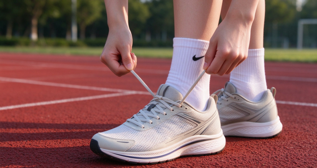 best sports socks women Malaysia - woman tying running shoes with white sports socks on track