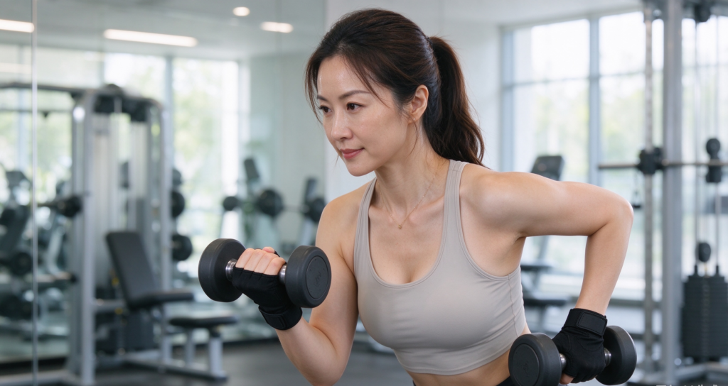 best workout gloves women Malaysia - woman lifting dumbbells wearing black gym gloves in bright gym