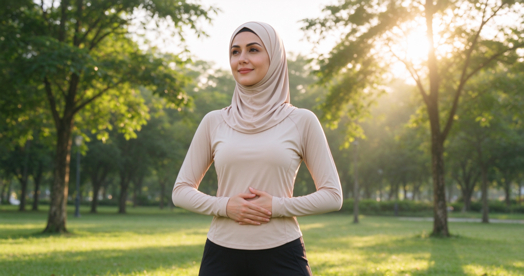 best modest activewear brands malaysia - muslim woman in full coverage workout clothes stretching at park