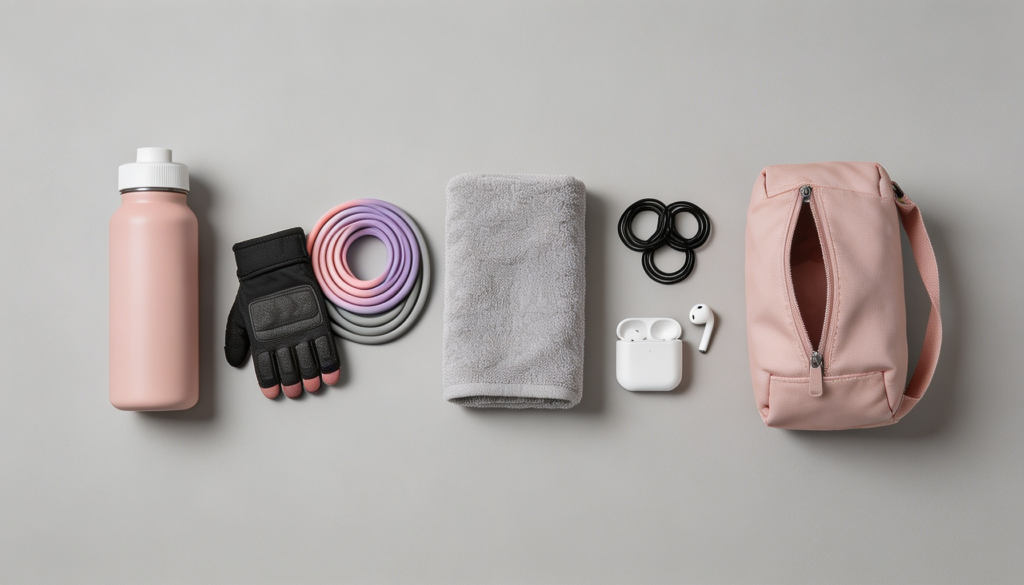 gym bag essentials women malaysia - flat lay of workout gear including water bottle gloves resistance bands towel